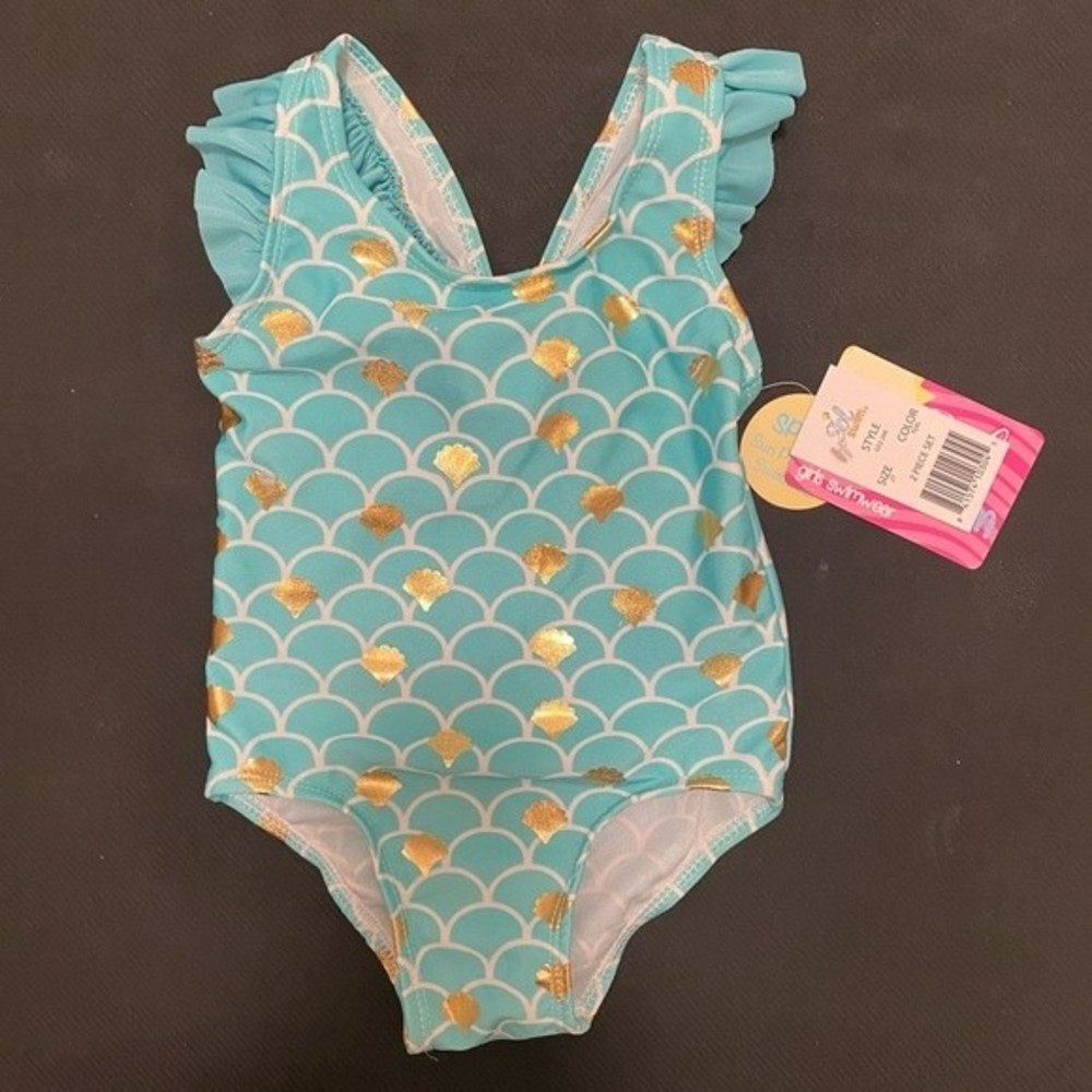 Sol Swim girls foil mermaid one piece swimsuit. Blue and gold. New with tags.